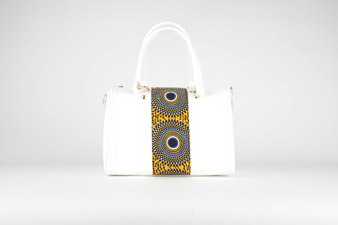 Sac Zygo en cuir blanc et tissu wax multicolore