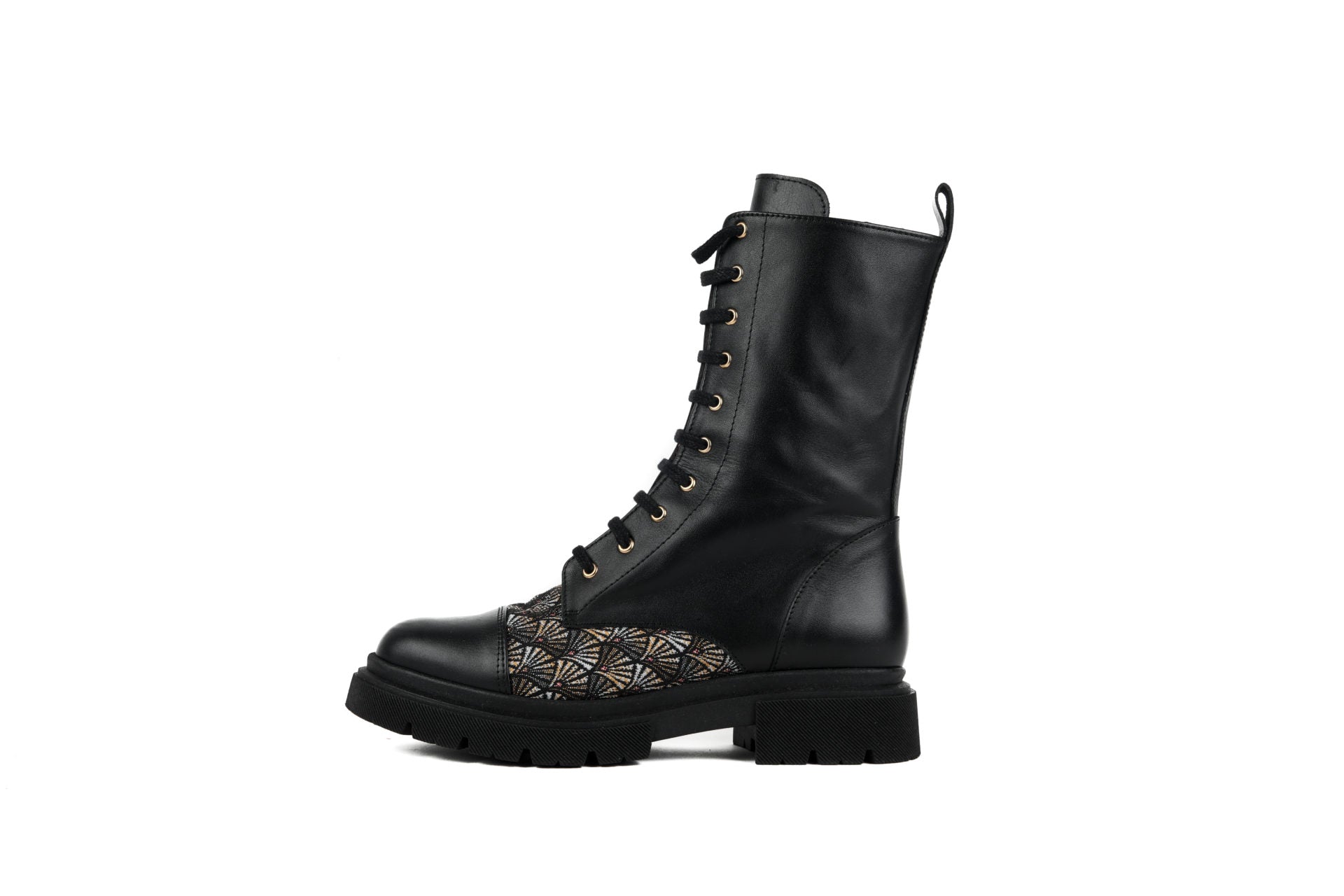 Bottines à lacets AROAB cuir noir et tissu ethnique jacquard