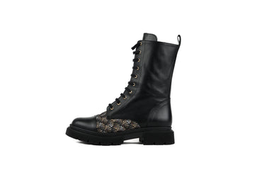Bottines à lacets AROAB cuir noir et tissu ethnique jacquard