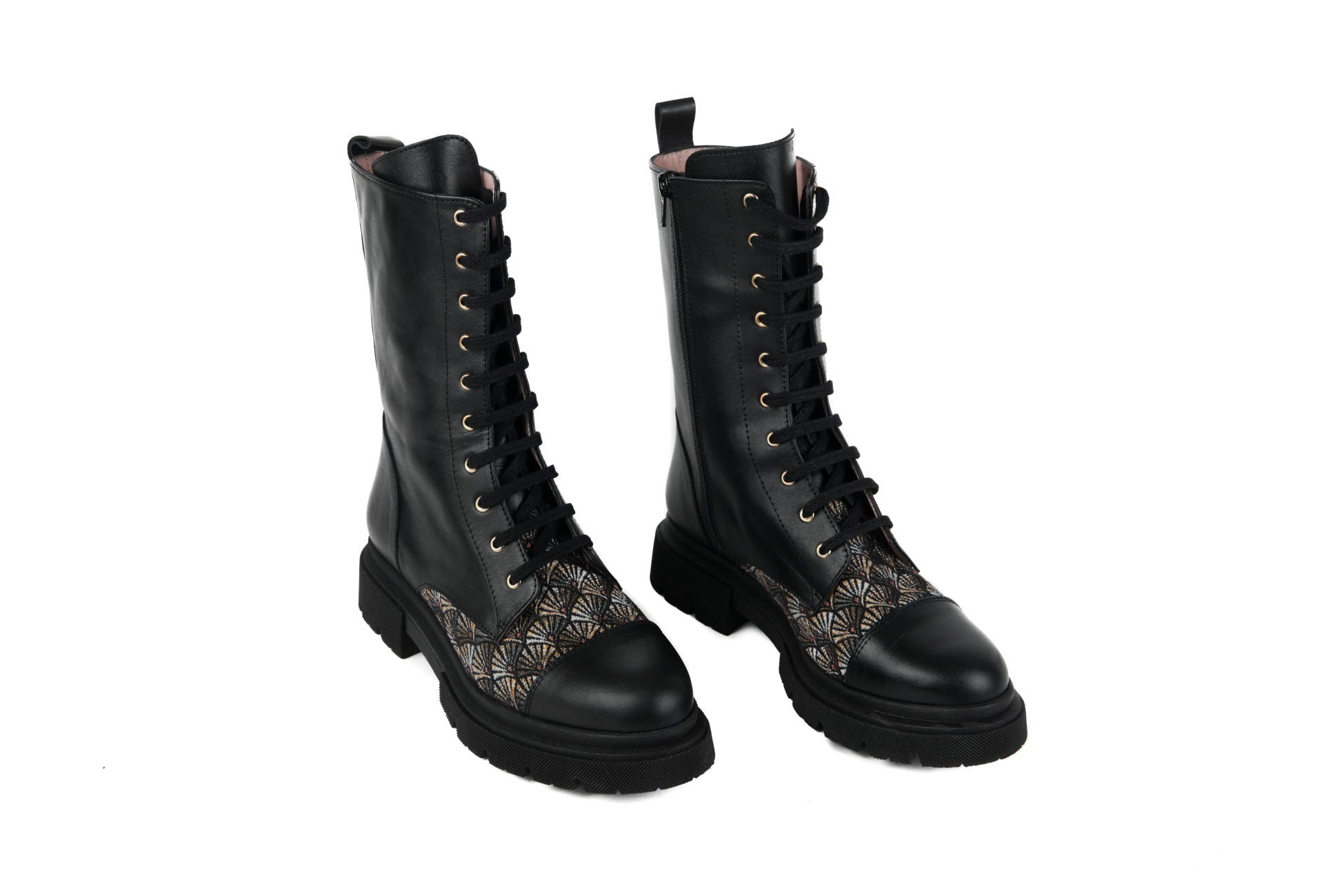 Bottines à lacets AROAB cuir noir et tissu ethnique jacquard multicolore