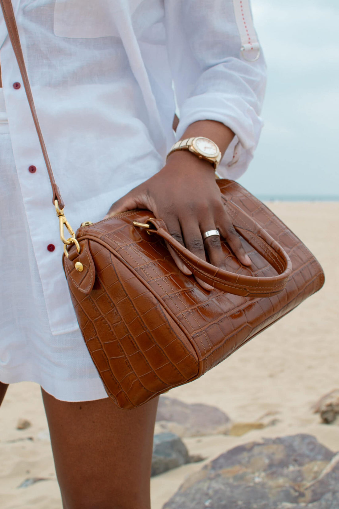 Himba Shoes - Sac KANBA en cuir véritable couleur camel imitation croco