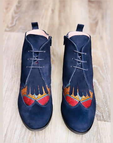 Bottines HIZENA en cuir bleu marine et tissu tissé multicolore