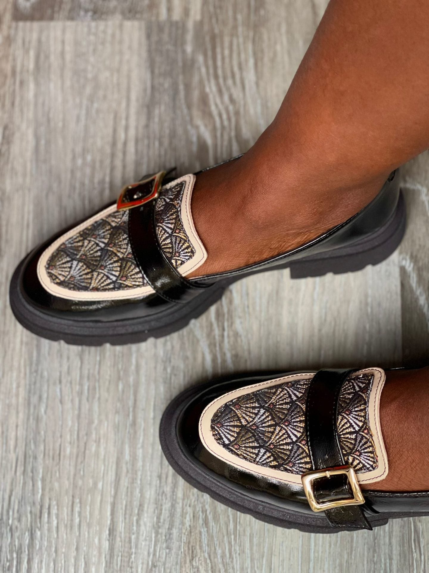 Mocassins sehalin semelle épaisse cuir et tissu tissé jacquard