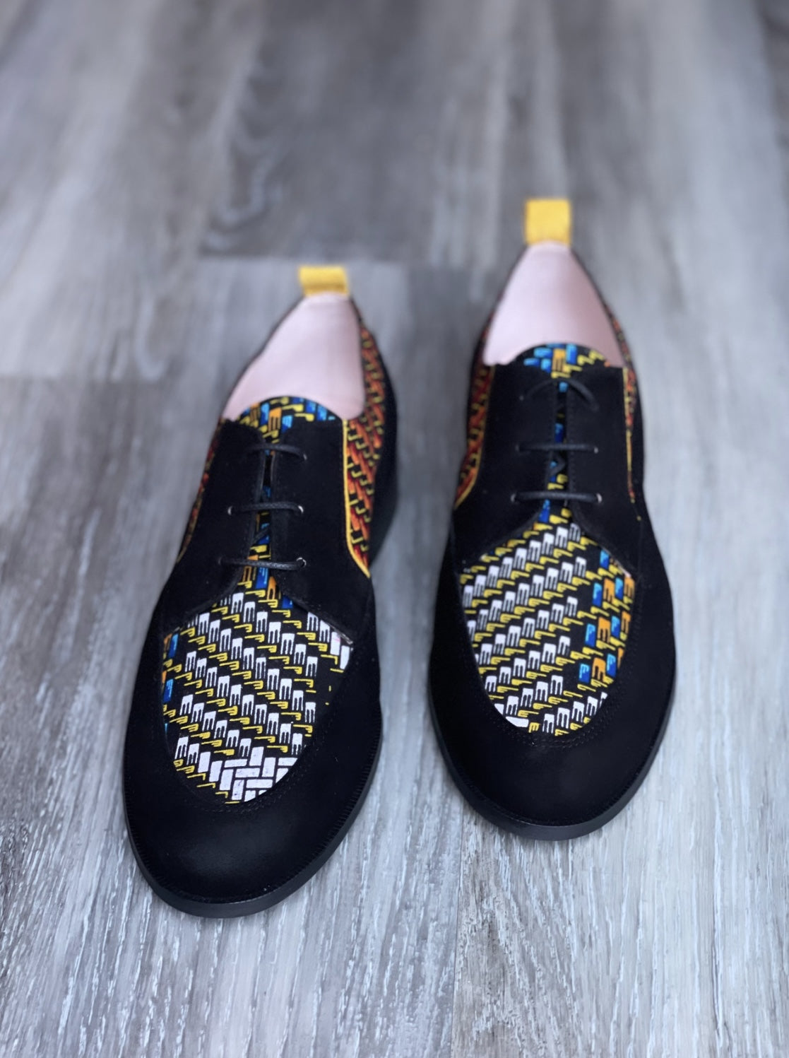 Souliers derbies derby cuir noir et wax ethnique HIMBA