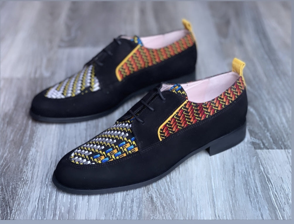 Souliers derbies derby cuir noir et wax ethnique HIMBA