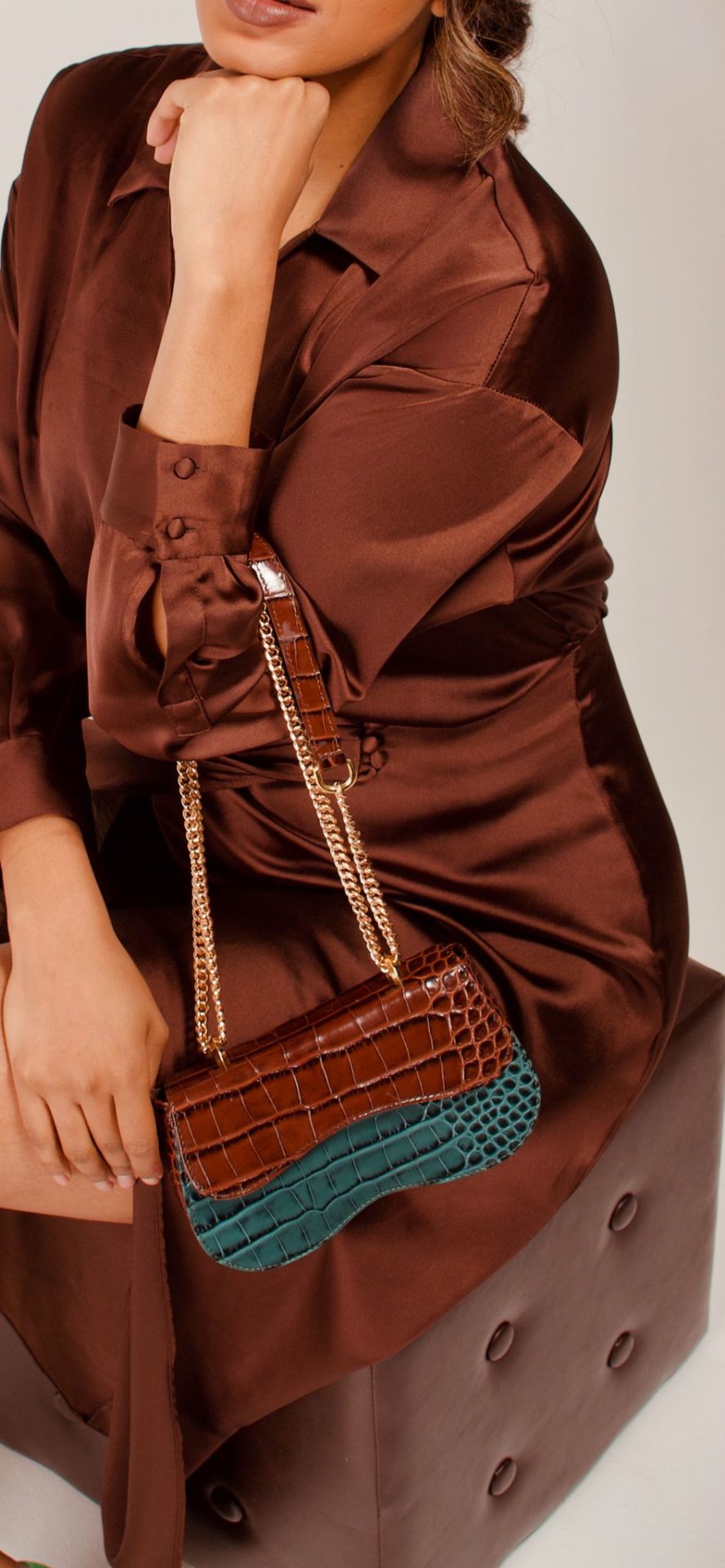 Sac en cuir croco marron vert bandoulière chaine dorée