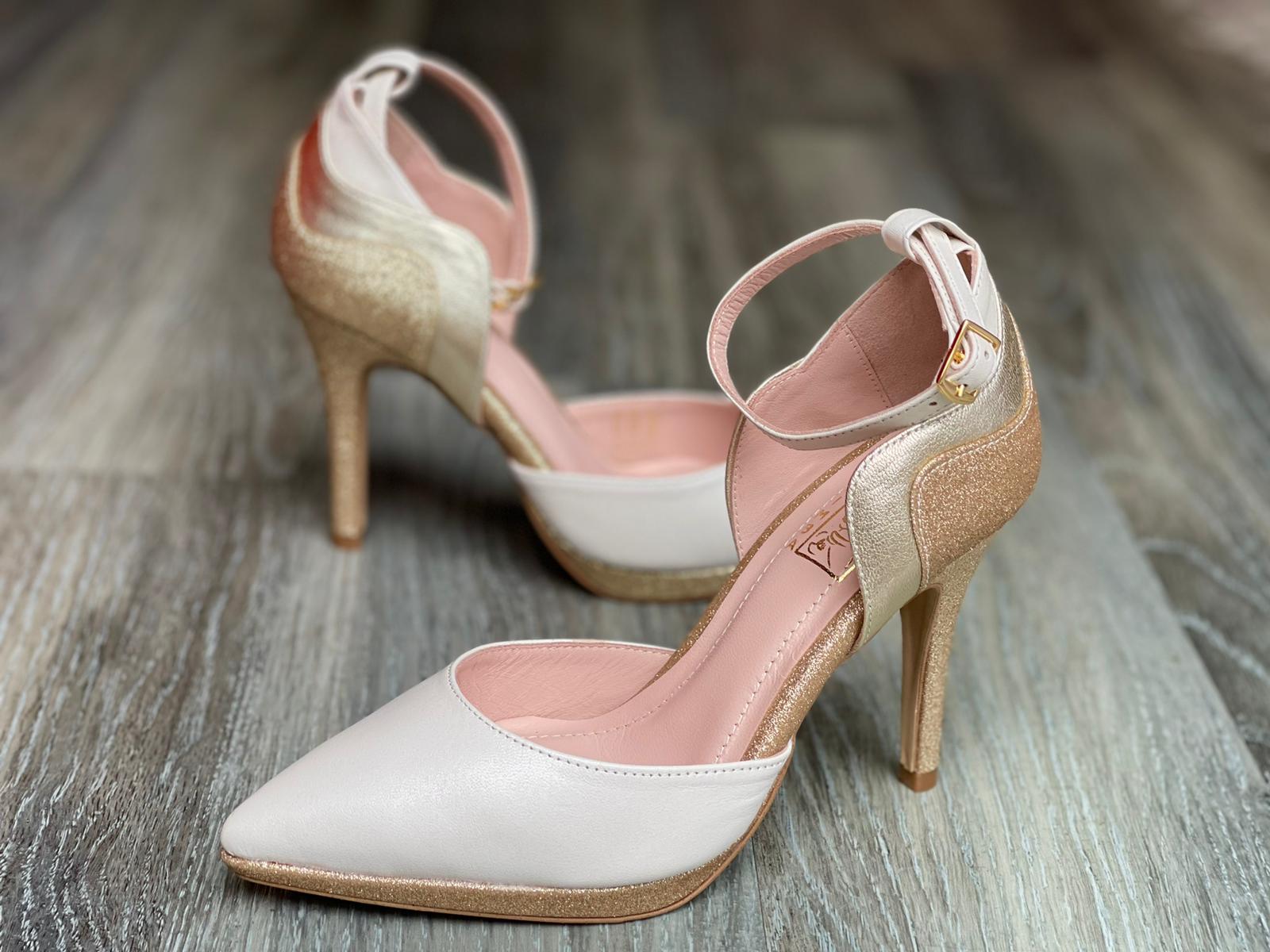 Escarpins YUKI NACRE en cuir blanc nacré doré et pailleté