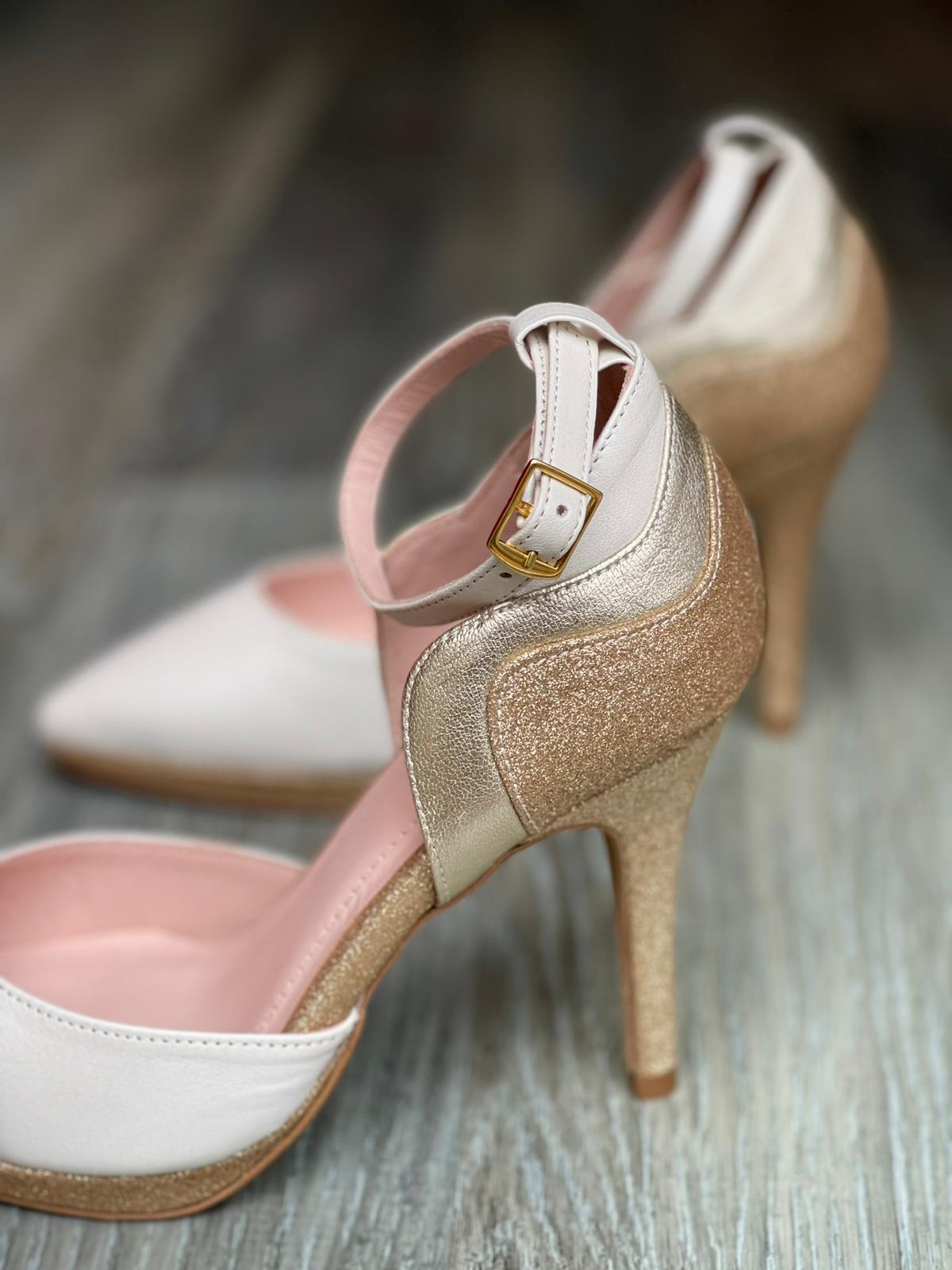 Escarpins YUKI NACRE en cuir blanc nacré doré et pailleté