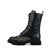 Bottines à lacets AROAB cuir noir et tissu ethnique jacquard