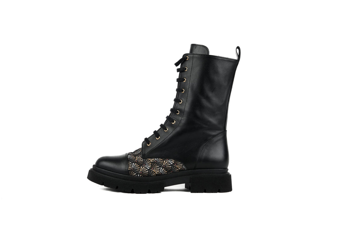 Bottines à lacets AROAB cuir noir et tissu ethnique jacquard