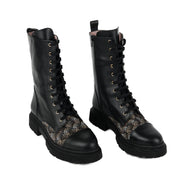 Bottines à lacets AROAB cuir noir et tissu ethnique jacquard multicolore