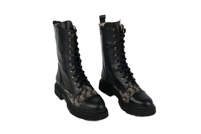 Bottines à lacets AROAB cuir noir et tissu ethnique jacquard multicolore