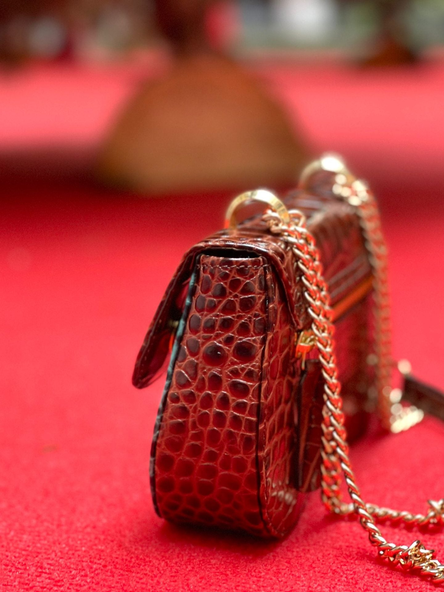 Sac en cuir croco marron vert bandoulière chaine dorée