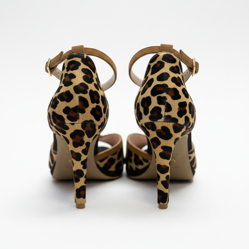 Kalunga heels Himba Fashion – leopard faux fur leather T-strap dance sandals, gold buckle, handcrafted in Portugal