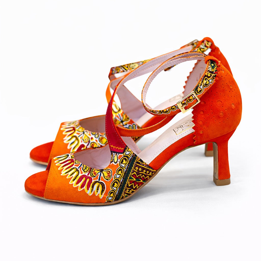 Escarpins BRINGINHA cuir orange tissu wax Addis-Abeba talon 5cm - Vue principale - Chaussures danse kizomba confort - Himba Fashion