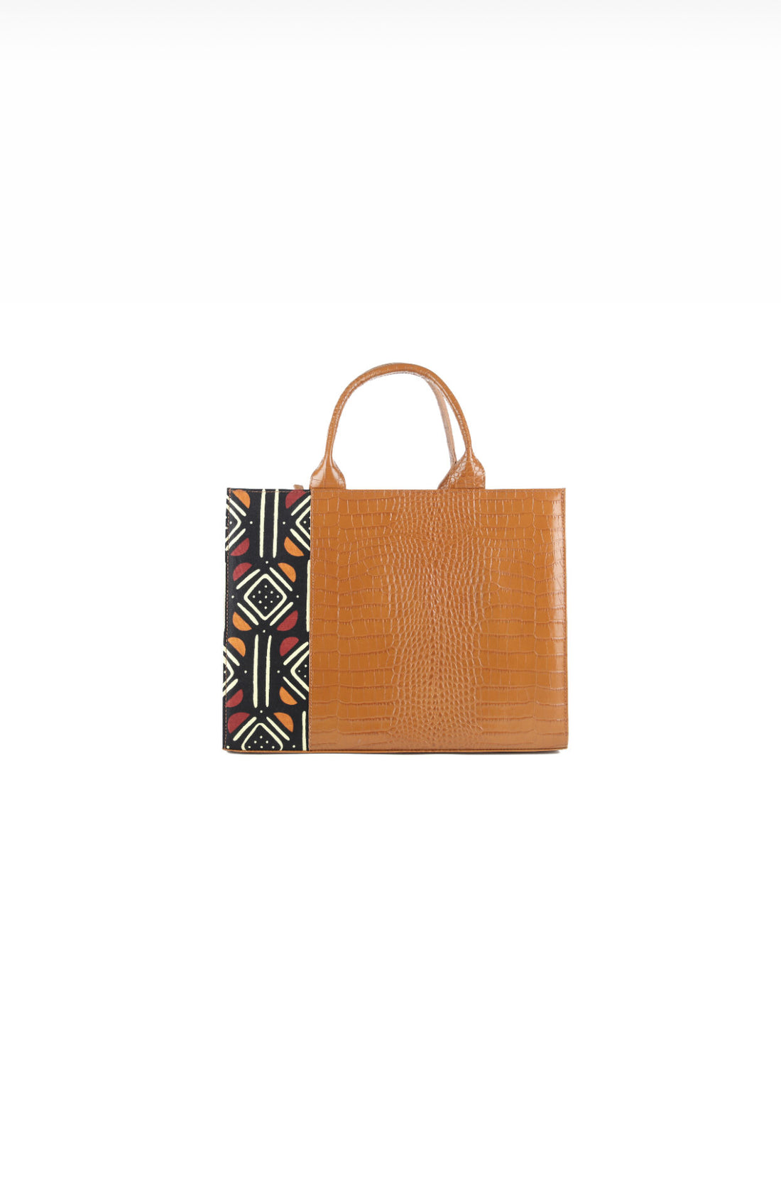 Himba Shoes - Le sac Pradi Himba grand format incarne l'élégance audacieuse avec son design en cuir imitation croco associé à un tissu Bogolan, soigneusement conçu avec des pigments naturels au Mali.