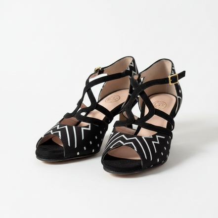 Chaussures danse kizomba Aptaboginha vue face - Bogolan Mali noir et blanc - Himba Fashion