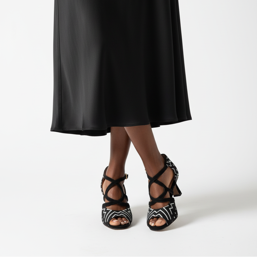 Chaussures kizomba Aptaboginha noir et blanc - Escarpins danse kizomba bogolan Mali motifs bride croisée talon - Artisanat portugais Himba Fashion