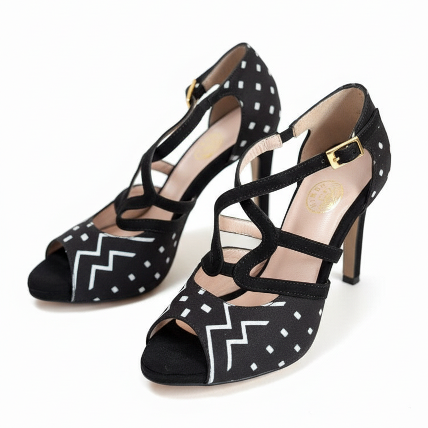 Chaussures danse kizomba Aptabogo vue face - Bogolan Mali noir et blanc - Himba Fashion