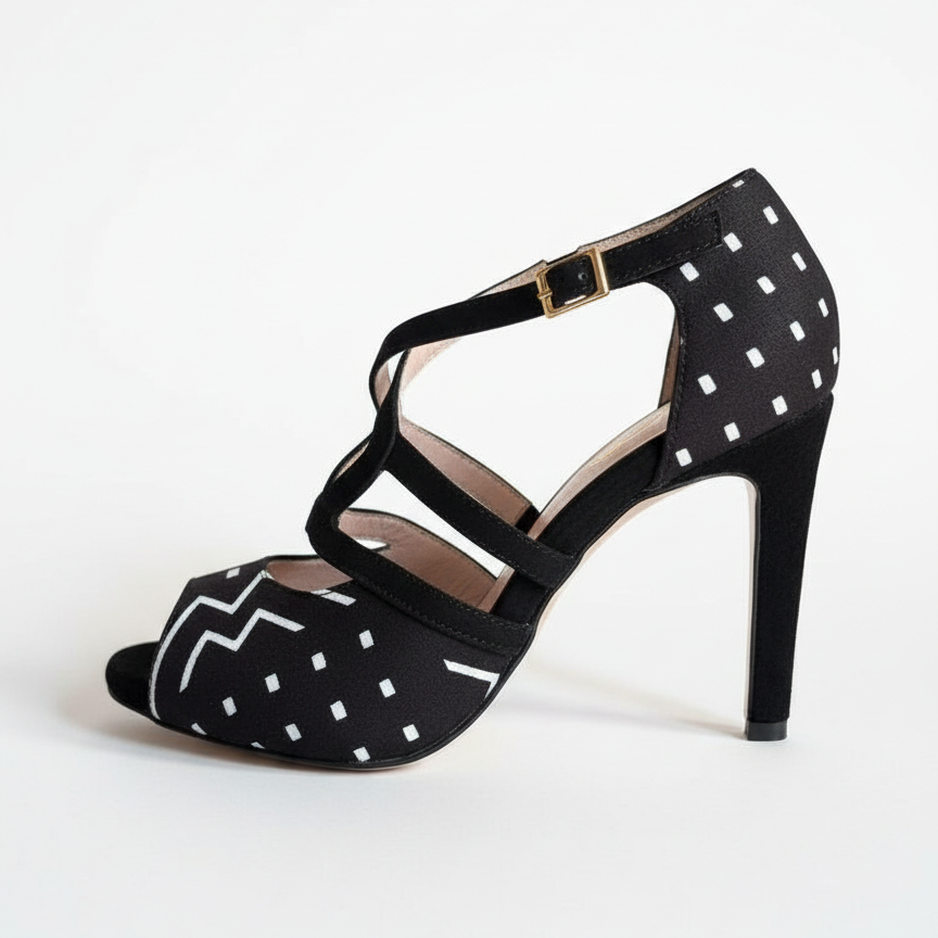 Escarpins kizomba Aptabogo noir bogolan - Chaussures danse kizomba bride croisée - Himba Fashion