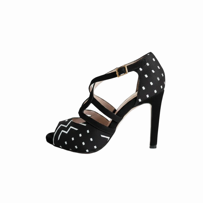 Escarpins kizomba Aptabogo noir bogolan - Chaussures danse kizomba bride croisée - Himba Fashion