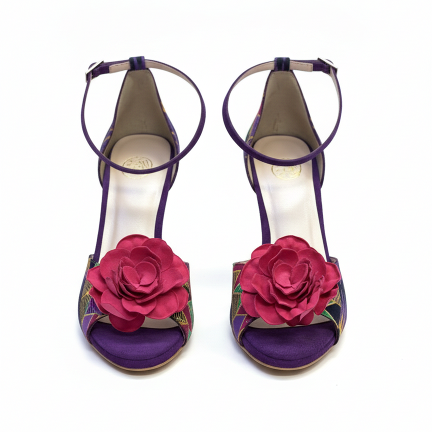  Chaussures danse kizomba Weya vue face - Wax motifs violet fuchsia vert jaune - Himba Fashion