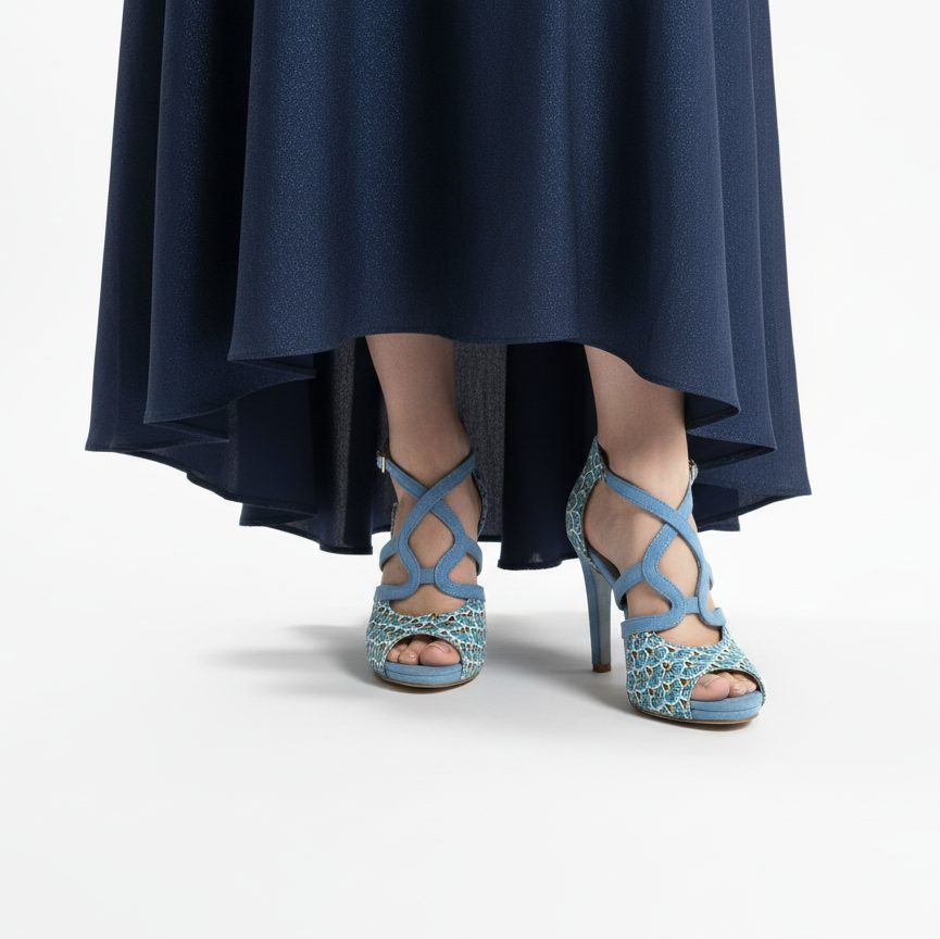 Chaussures kizomba Zuri portées - Escarpins danse kizomba jacquard bleu confort talon - Himba Fashion