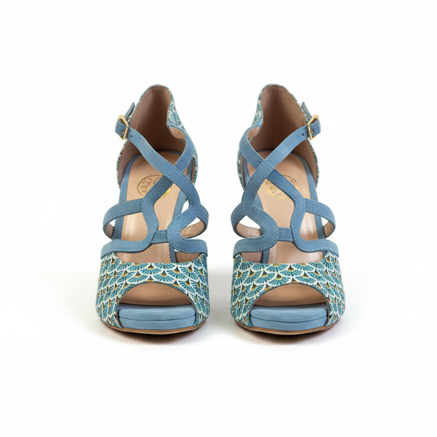 Chaussures danse kizomba Zuri vue face - Jacquard éventails bleu et beige - Himba Fashion