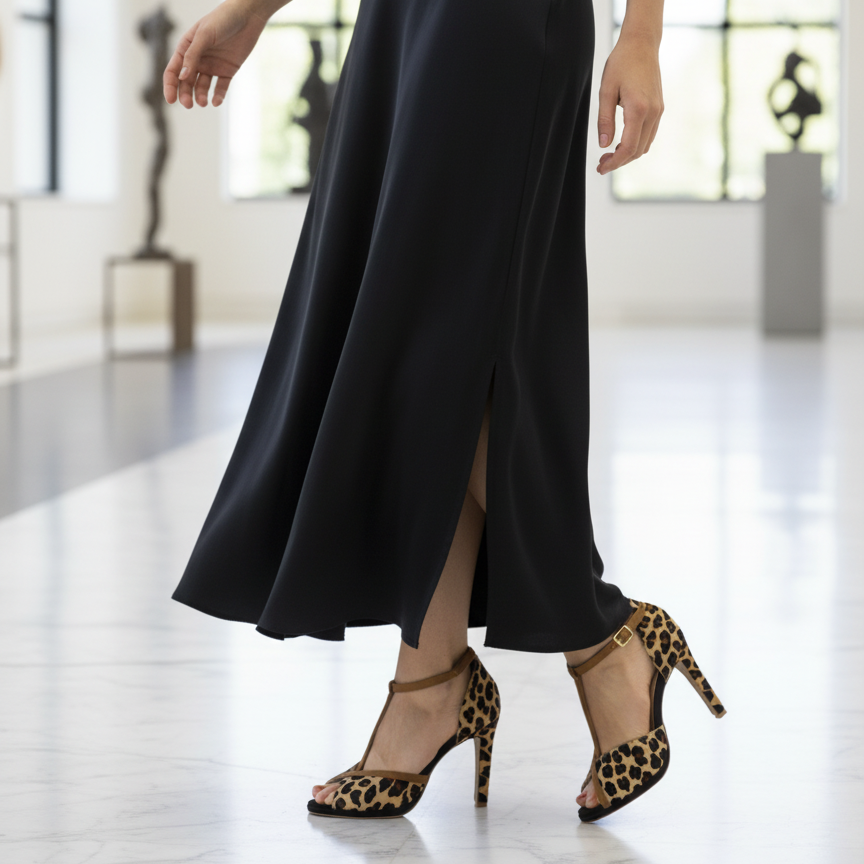 Kalunga heels Himba Fashion – leopard faux fur leather T-strap dance sandals, gold buckle, handcrafted in Portugal