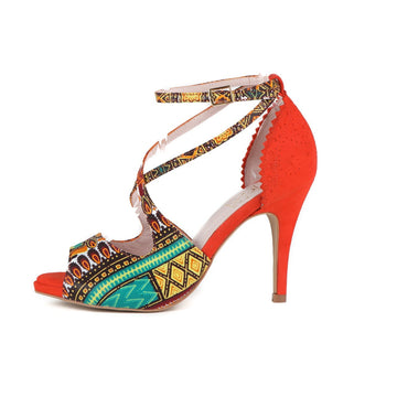 Chaussures kizomba Bringi orange - Escarpins danse africaine wax géométrique bride croisée talon - Artisanat portugais Himba Fashion