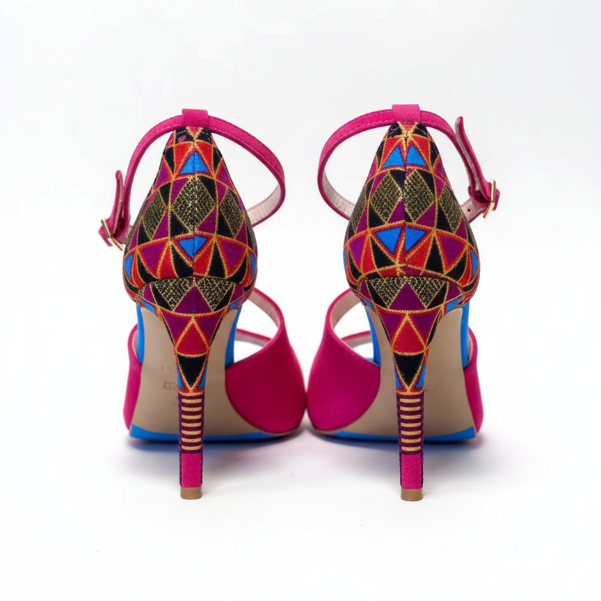 Chaussures kizomba femme Kudia fuchsia et bleu - Escarpins danse africaine talon confort en wax géométrique - Cuir artisanal portugais - Himba Fashion