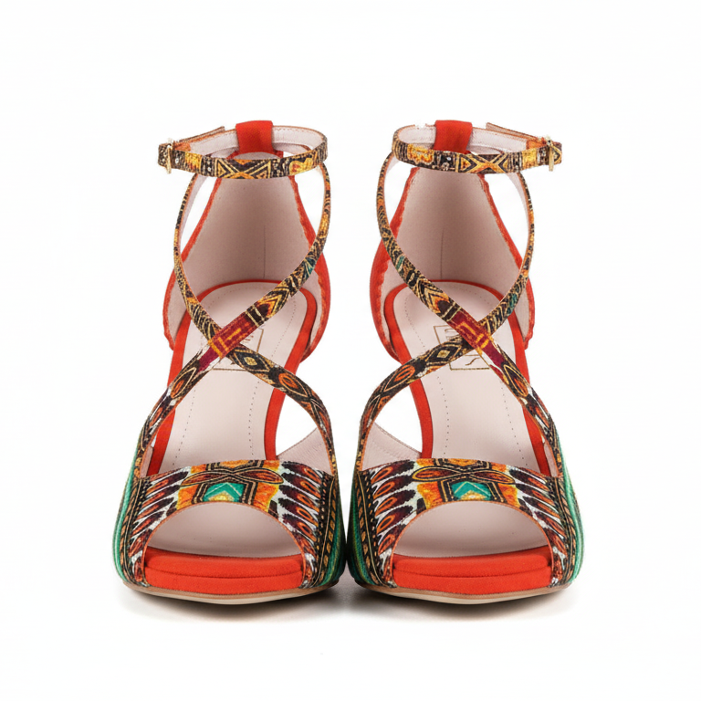 Chaussures kizomba Bringi orange - Escarpins danse wax géométrique bride croisée talon - Artisanat portugais Himba Fashion