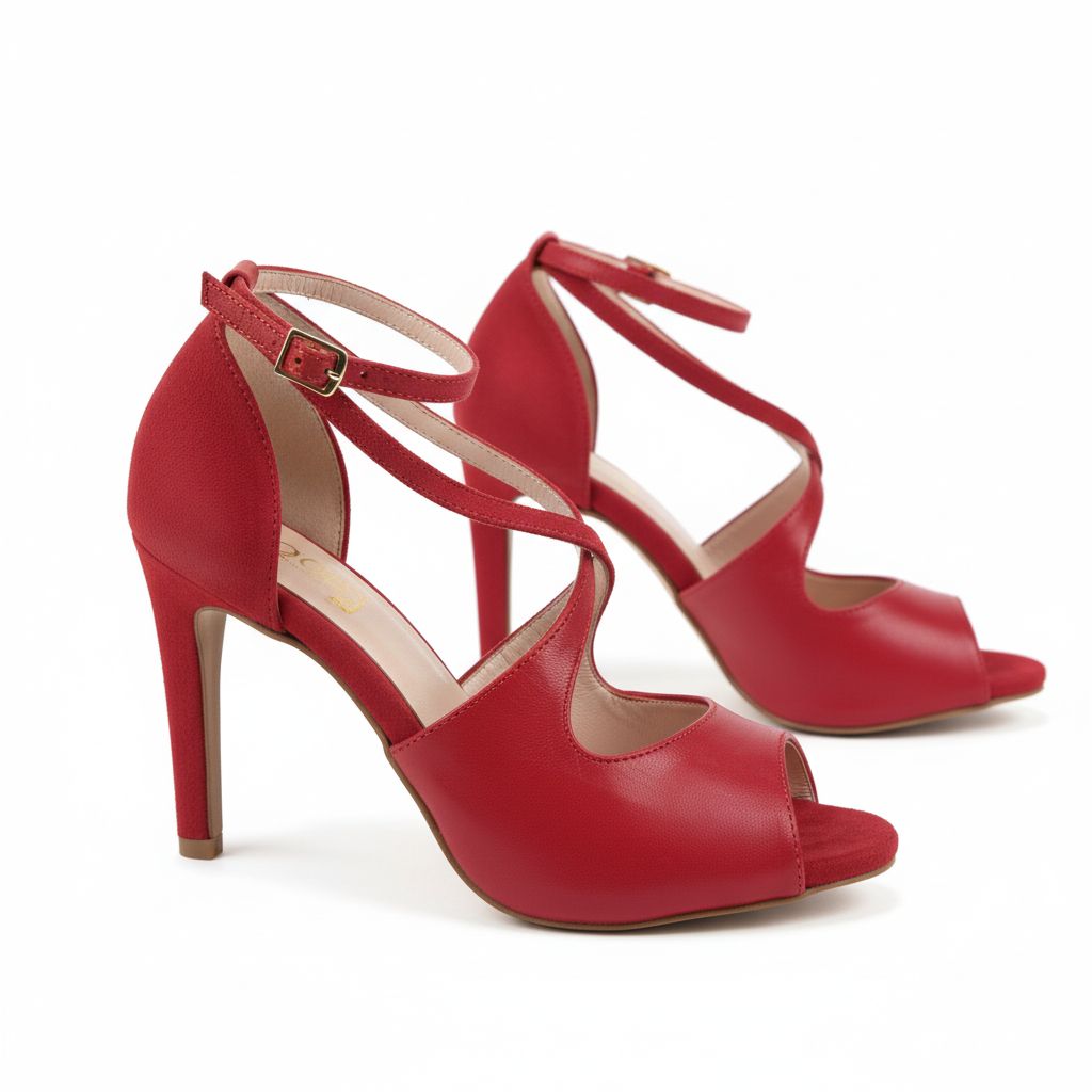 
Chaussures kizomba Rosali rouge portées - Escarpins danse femme cuir perforé talon stable bride cheville - Artisanat portugais Himba Fashion