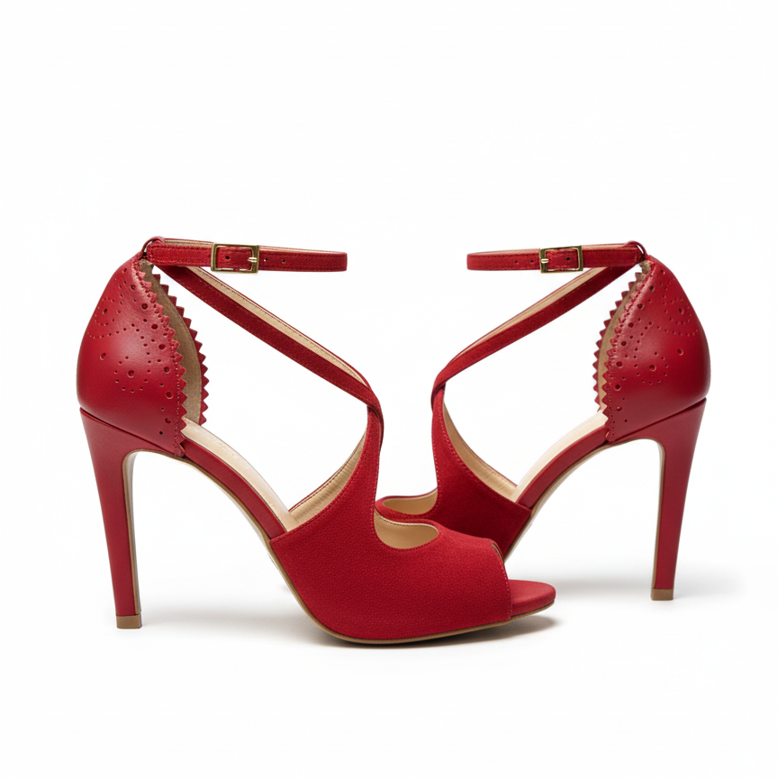 Chaussures kizomba Rosali rouge portées - Escarpins danse femme cuir perforé talon stable bride cheville - Artisanat portugais Himba Fashion