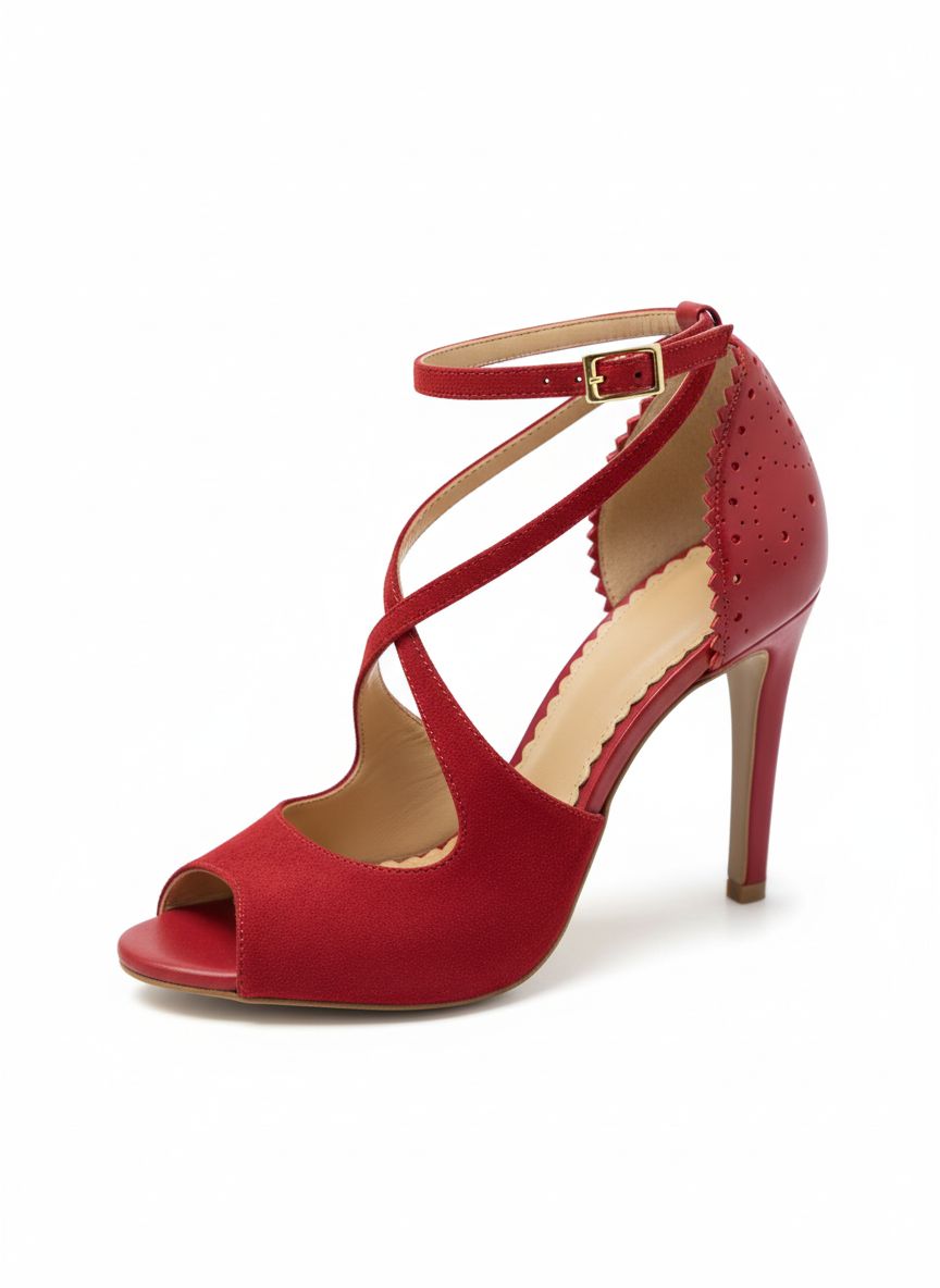 Chaussures kizomba Rosali rouge portées - Escarpins danse femme cuir perforé talon stable bride cheville - Artisanat portugais Himba Fashion