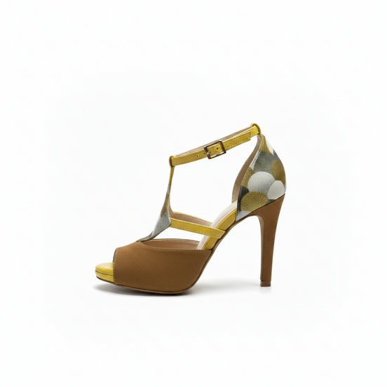 Chaussures kizomba Kaliza marron et jaune - Escarpins danse kizomba jacquard motifs bride croisée talon - Artisanat portugais Himba Fashion