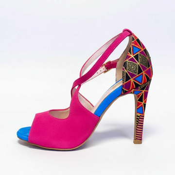 Chaussures kizomba femme Kudia fuchsia et bleu - Escarpins danse africaine talon confort en wax géométrique - Cuir artisanal portugais - Himba Fashion 