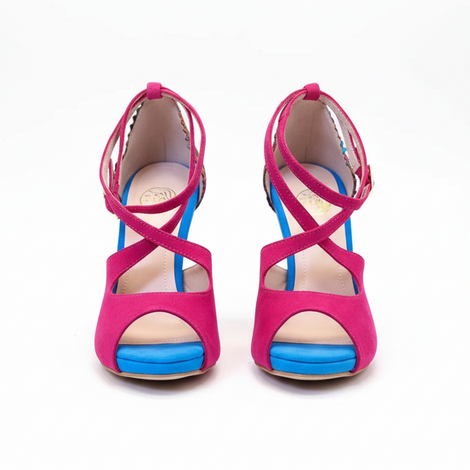 Escarpins KUDIA fuchsia bleu ciel - Détail tissu ethnique et cuir daim - Bride cheville dorée - Himba Fashion