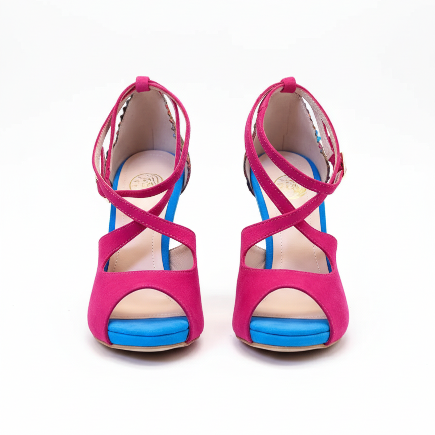 Chaussures kizomba femme Kudia fuchsia et bleu - Escarpins danse africaine talon confort en wax géométrique - Cuir artisanal portugais - Himba Fashion