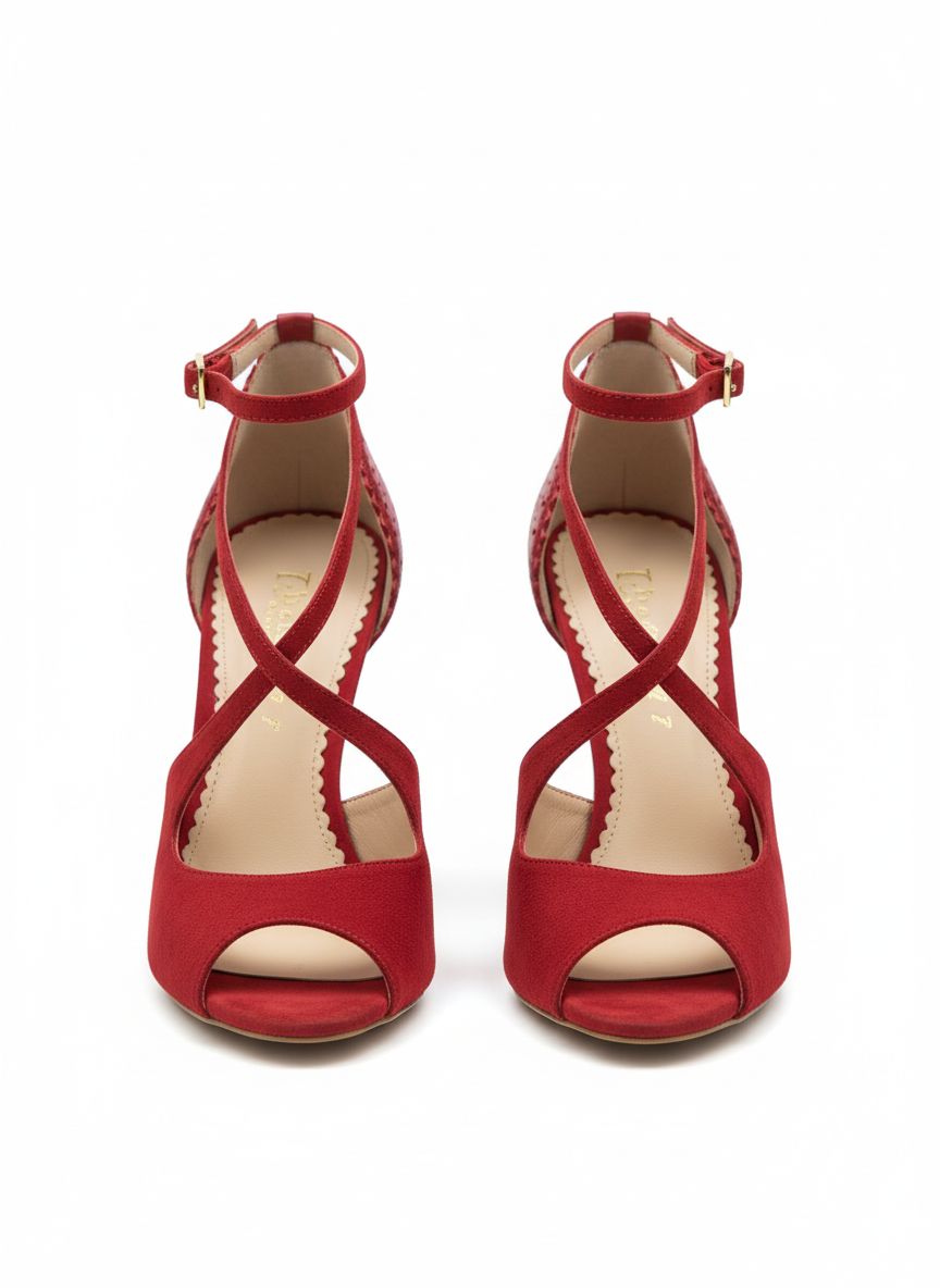 
Chaussures kizomba Rosali rouge portées - Escarpins danse femme cuir perforé talon stable bride cheville - Artisanat portugais Himba Fashion