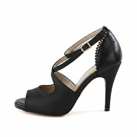 Chaussures kizomba Susaba noir paillettes - Escarpins danse kizomba bride croisée talon élégant - Artisanat portugais Himba Fashion