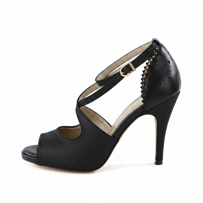 Chaussures kizomba Susaba noir paillettes - Escarpins danse kizomba bride croisée talon élégant - Artisanat portugais Himba Fashion