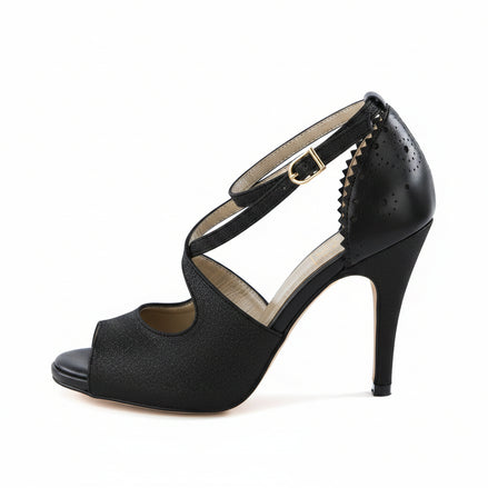 Chaussures kizomba Susaba noir paillettes - Escarpins danse kizomba bride croisée talon élégant - Artisanat portugais Himba Fashion