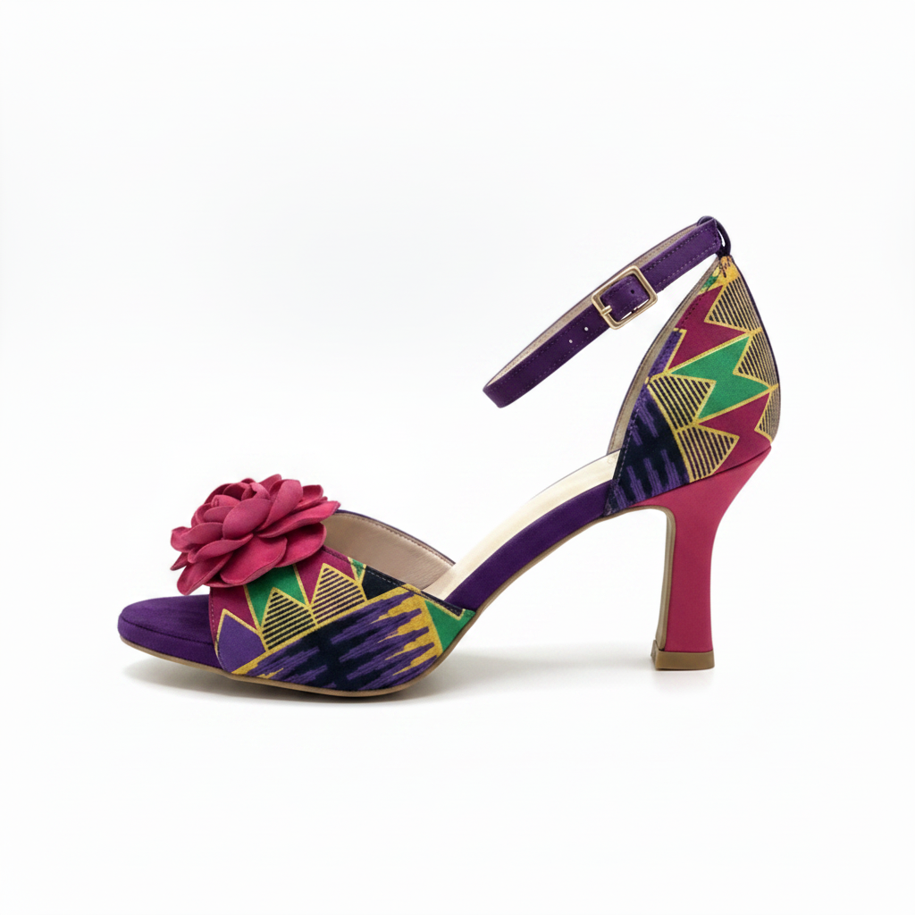 Chaussures kizomba Weya violet et fuchsia - Escarpins danse kizomba wax motifs avec fleur cuir bride cheville talon - Artisanat portugais Himba Fashion