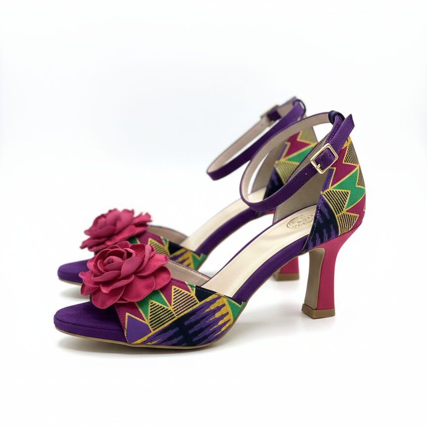 Chaussures kizomba Weya violet et fuchsia - Escarpins danse kizomba wax motifs fleurs cuir bride cheville talon - Artisanat portugais Himba Fashion