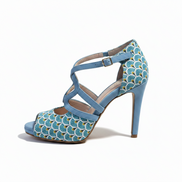 Chaussures kizomba Zuri bleu - Escarpins danse kizomba jacquard motifs éventails bride croisée talon - Artisanat portugais Himba Fashion