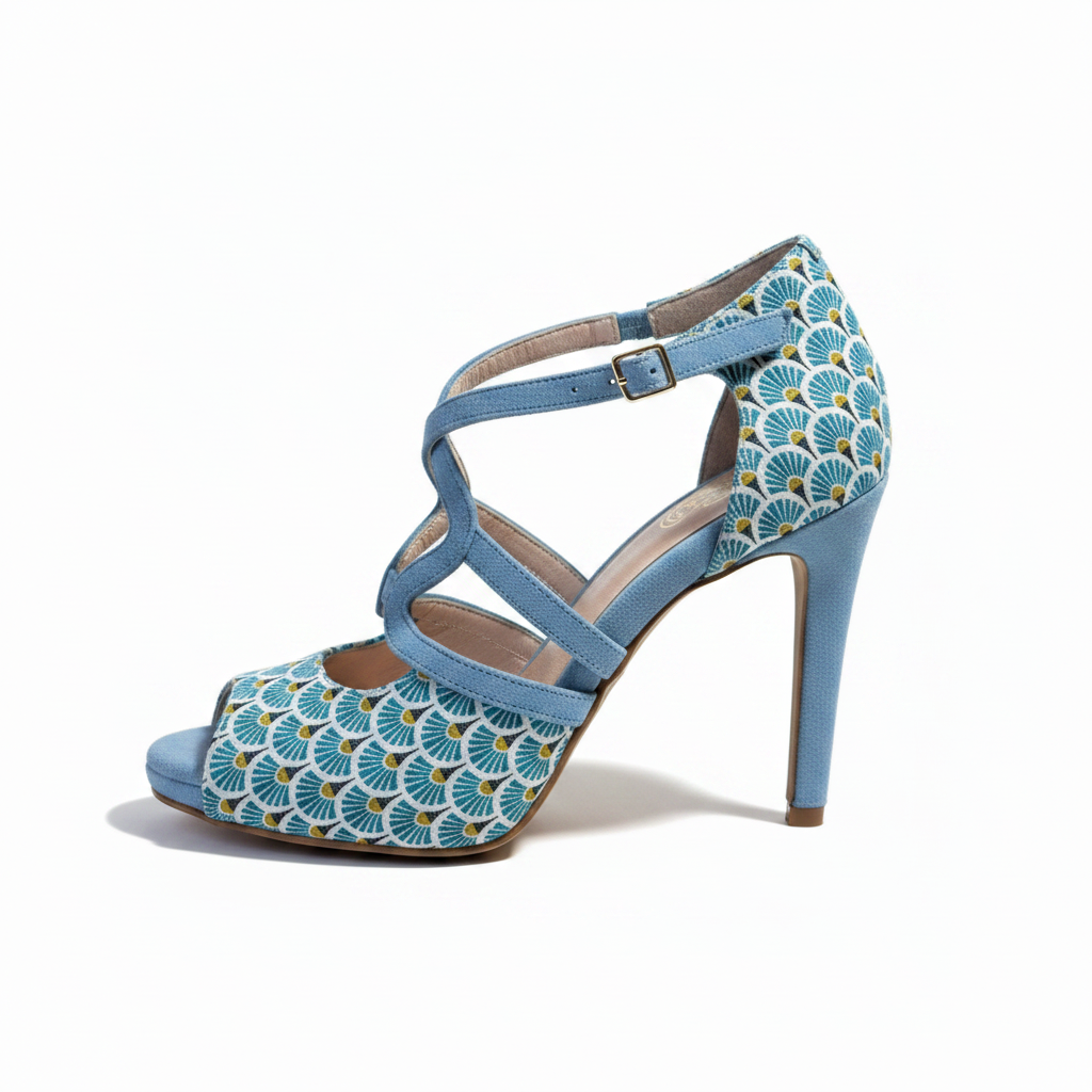 Chaussures kizomba Zuri bleu - Escarpins danse kizomba jacquard motifs éventails bride croisée talon - Artisanat portugais Himba Fashion