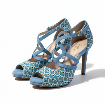 Chaussures kizomba Zuri bleu - Escarpins danse kizomba jacquard motifs éventails bride croisée talon - Artisanat portugais Himba Fashion