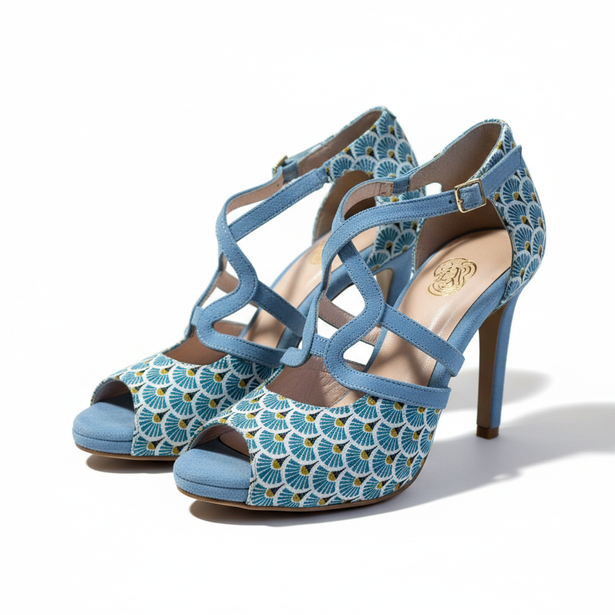 Chaussures kizomba Zuri bleu - Escarpins danse kizomba jacquard motifs éventails bride croisée talon - Artisanat portugais Himba Fashion