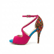 Escarpins KUDIA fuchsia et bleu ciel - cuir artisanal et wax africain - talon 9cm - vue de profil  -  HIMBA Fashion